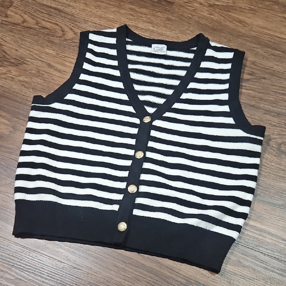Cielo Black & White Striped Knit Sweatervest with Gold Buttons, Size Large